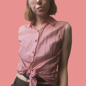 Vintage red stripe 100% silk sleeveless blouse